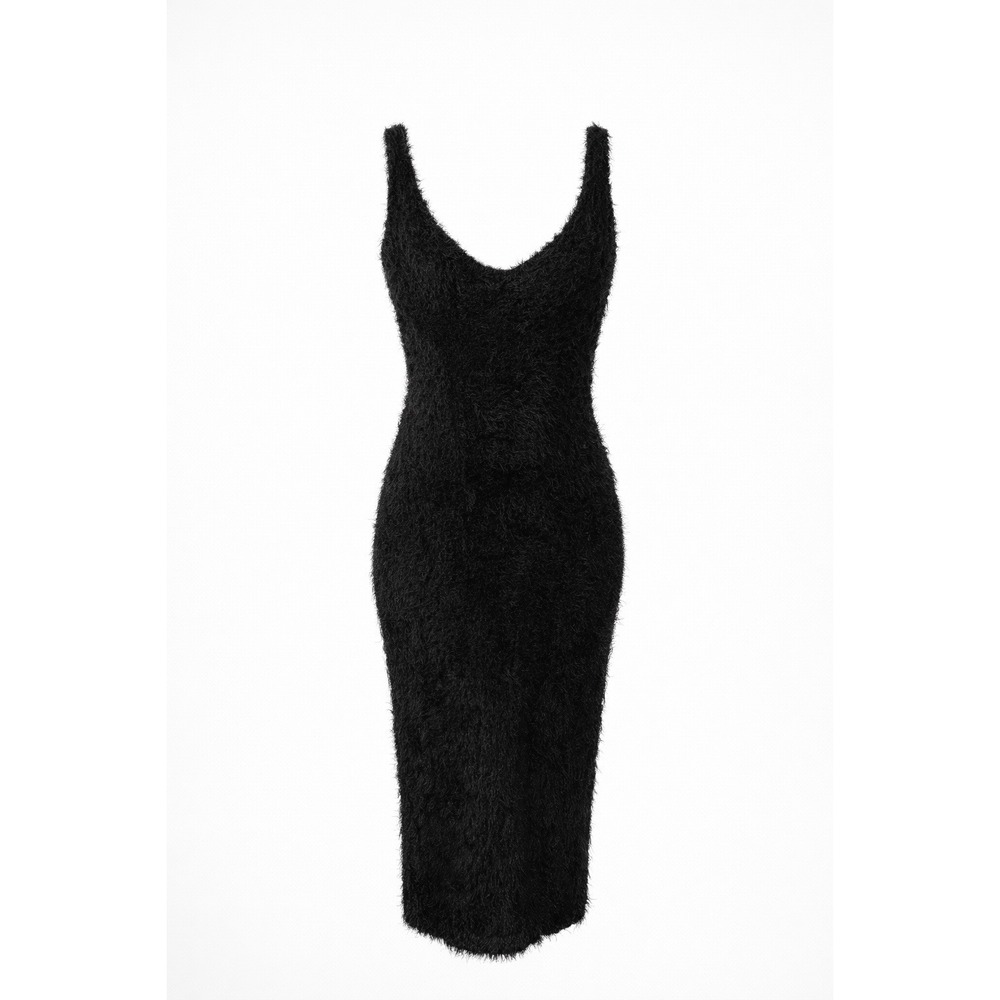Black Fuzzy Bodycon Midi Dress – Soft Textured Statement Dress